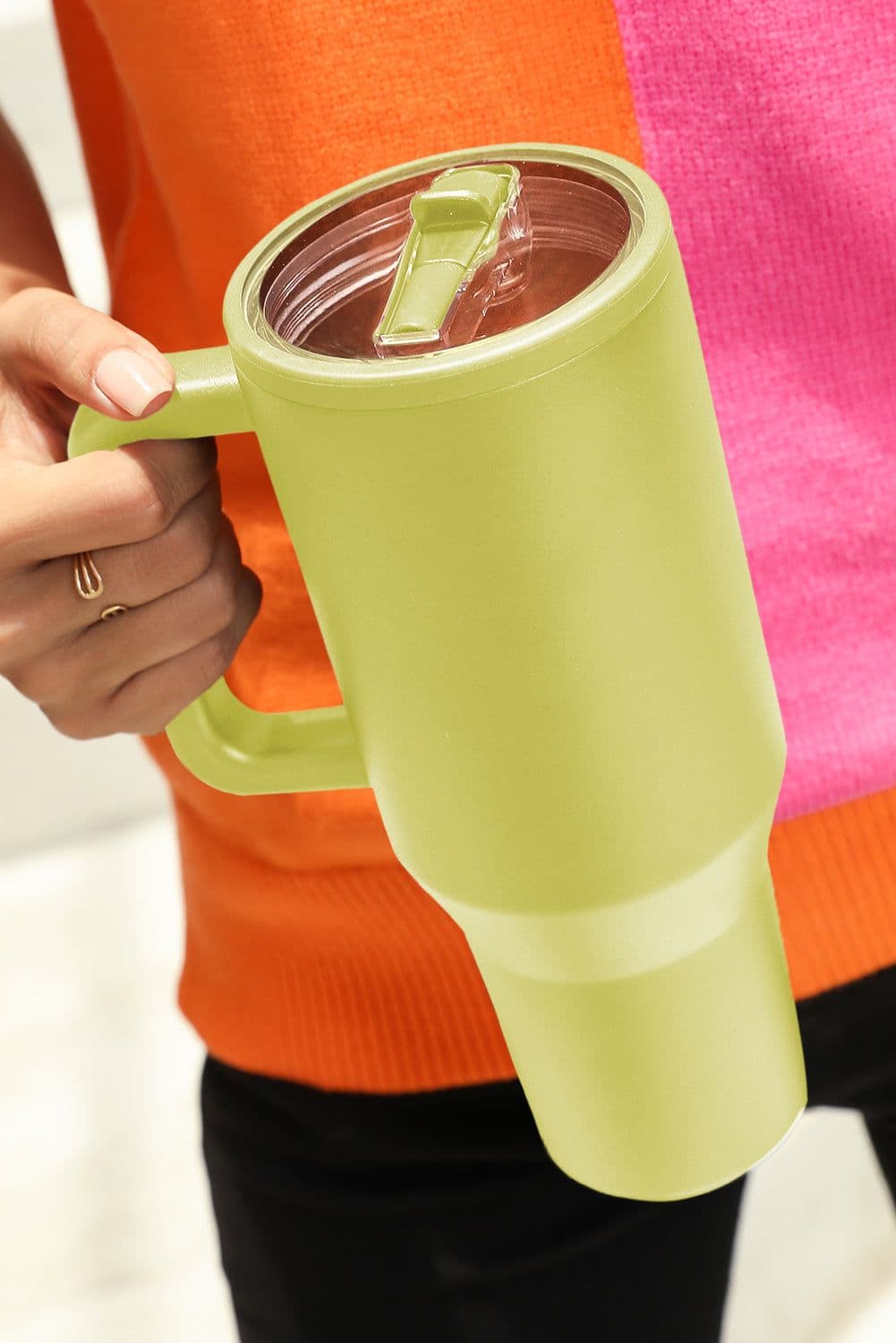 image-Pear Green Frosted Stainless Handle Large Vacuum Cup with Straw 40oz