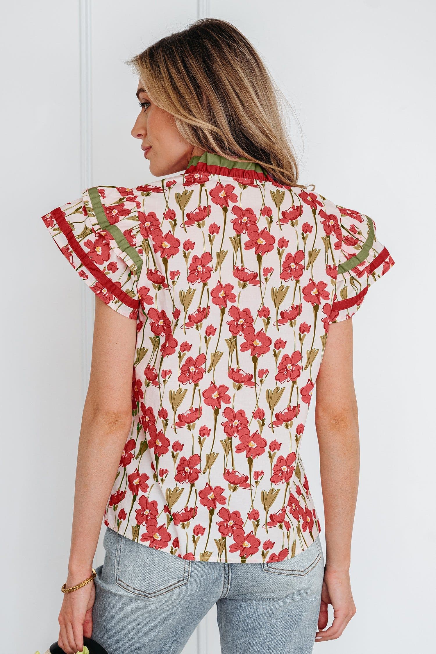 image-Pink Floral Print Blouse - V Neck Double Ruffle