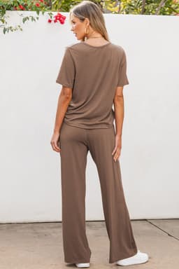 image-Solid Color T-Shirt & Wide Leg Pants Set - 2pcs - Comfortable Fabric