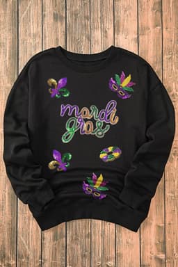 image-Black Sequin Fleur de Lis Mardi Gras Pullover Sweatshirt