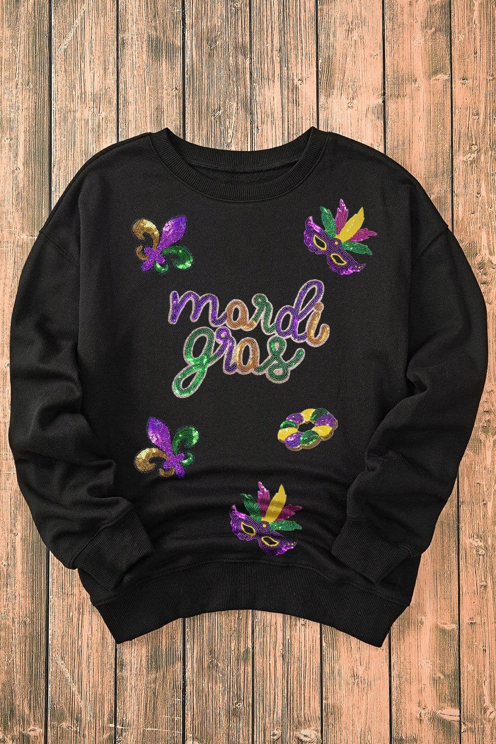 image-Black Sequin Fleur de Lis Mardi Gras Pullover Sweatshirt