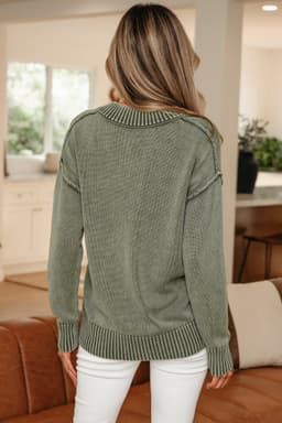 image-Four Leaf Clover Mineral Wash V Neck Knit Exposed Seam Drop Shoulder Loose Sweater