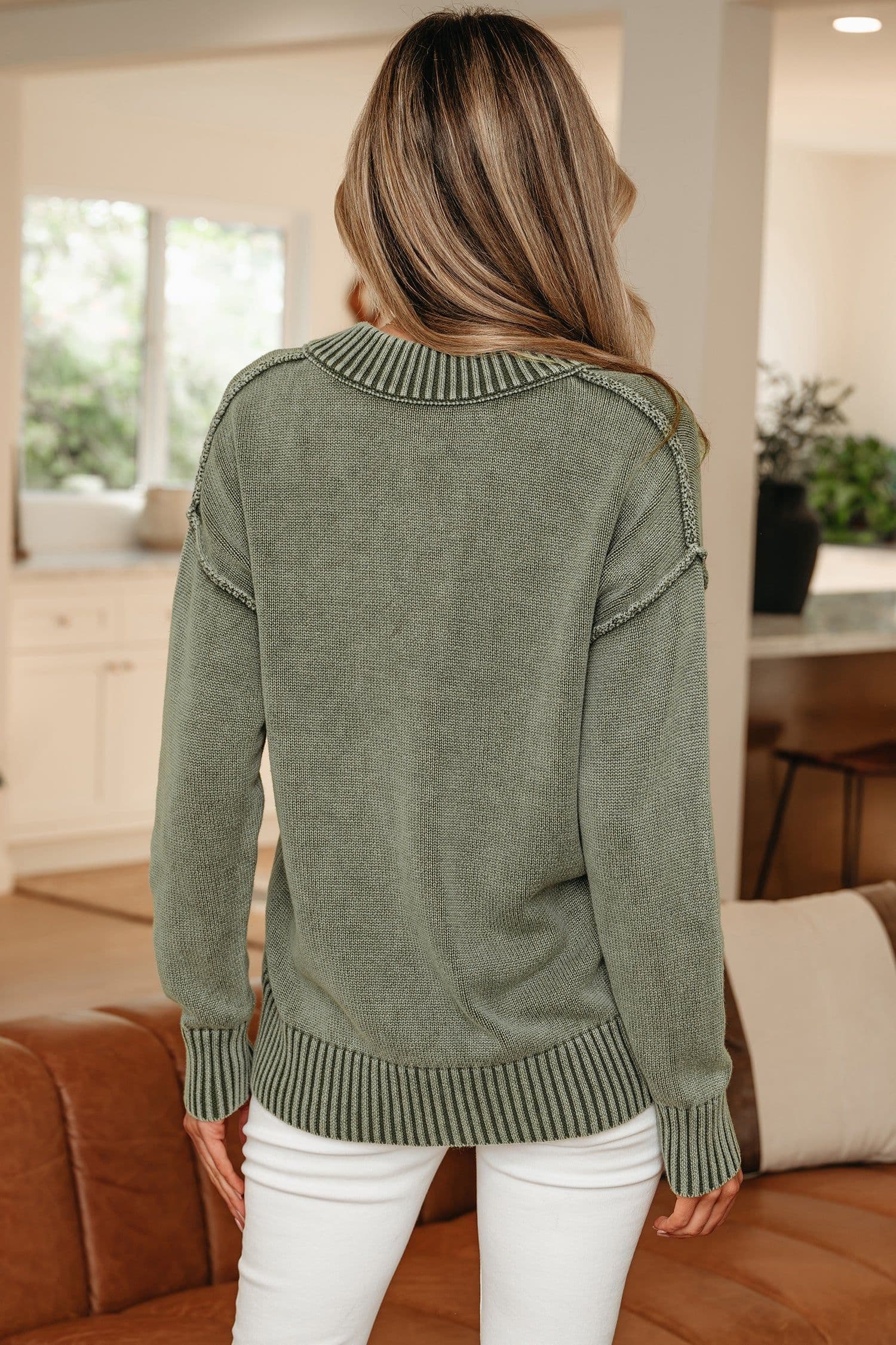 image-Four Leaf Clover Mineral Wash V Neck Knit Exposed Seam Drop Shoulder Loose Sweater