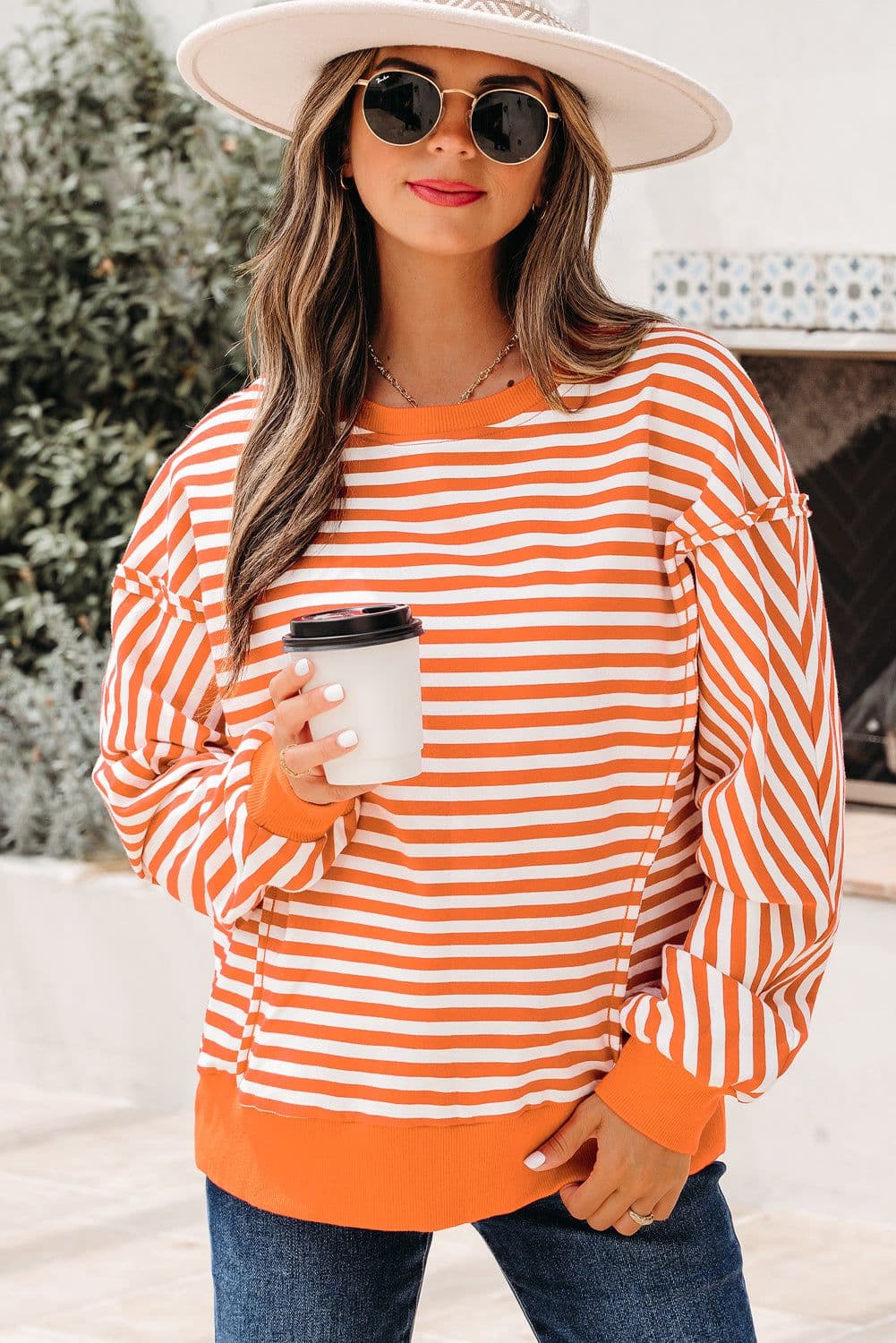 image-Black Stripe Exposed Seam Drop Shoulder Casual Pullover Top