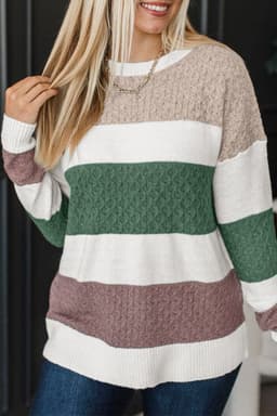 image-Green Mixed Texture Knit Striped Color Block Loose Sweater
