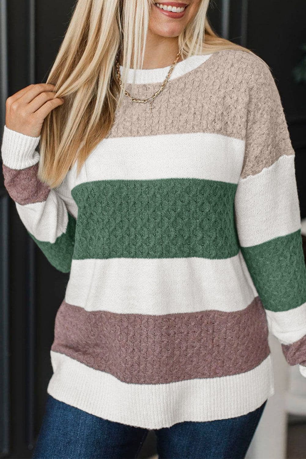 image-Green Mixed Texture Knit Striped Color Block Loose Sweater