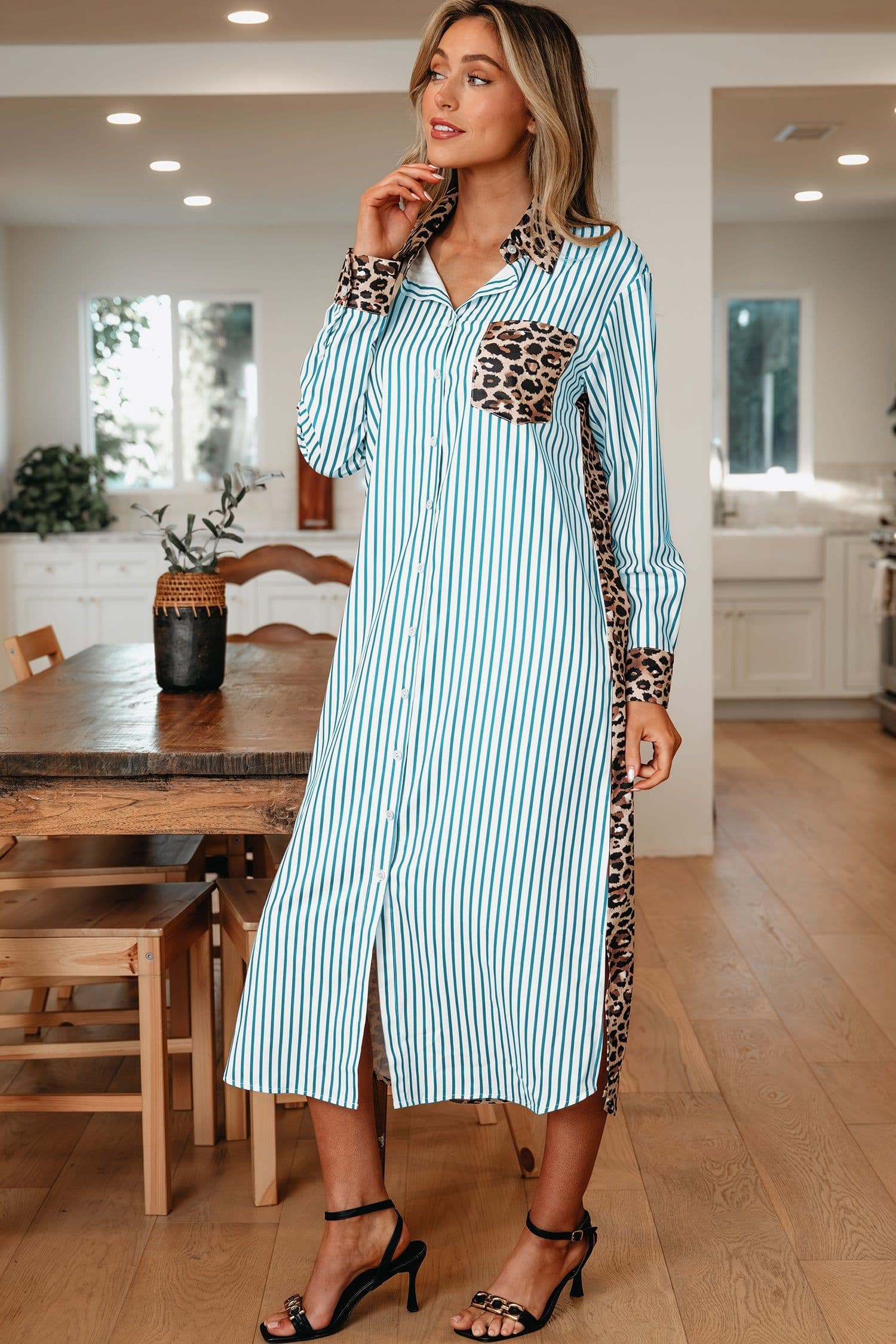 image-Sky Blue Stripe Leopard Patchwork Shirt Dress