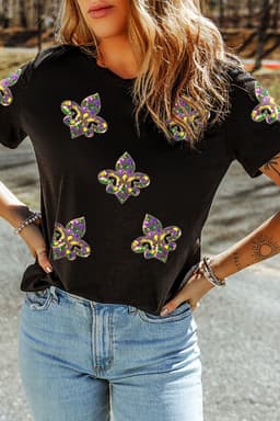 image-Mardi Gras Sequin Fleur de Lis Graphic T-Shirt - Black