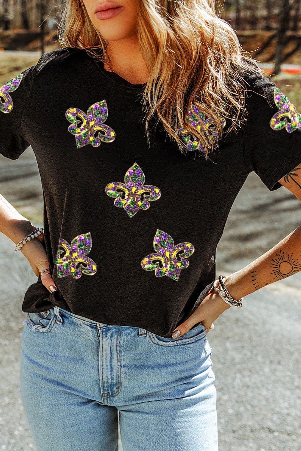 image-Mardi Gras Sequin Fleur de Lis Graphic T-Shirt - Black