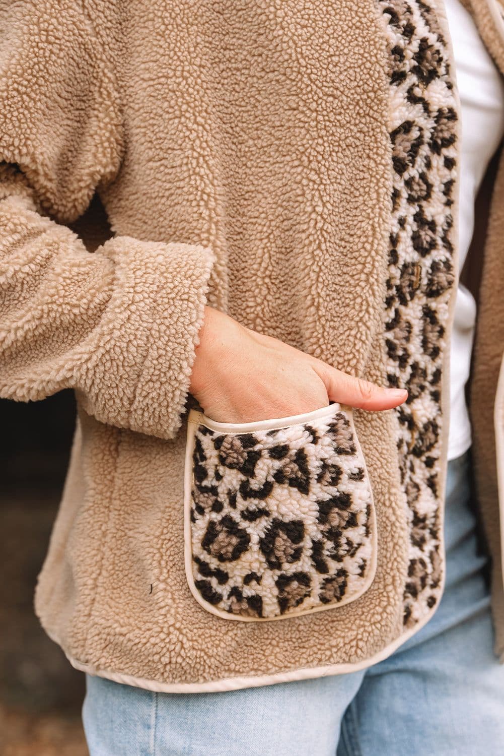 image-Casual Leopard Print Accent Plush Jacket with Pockets