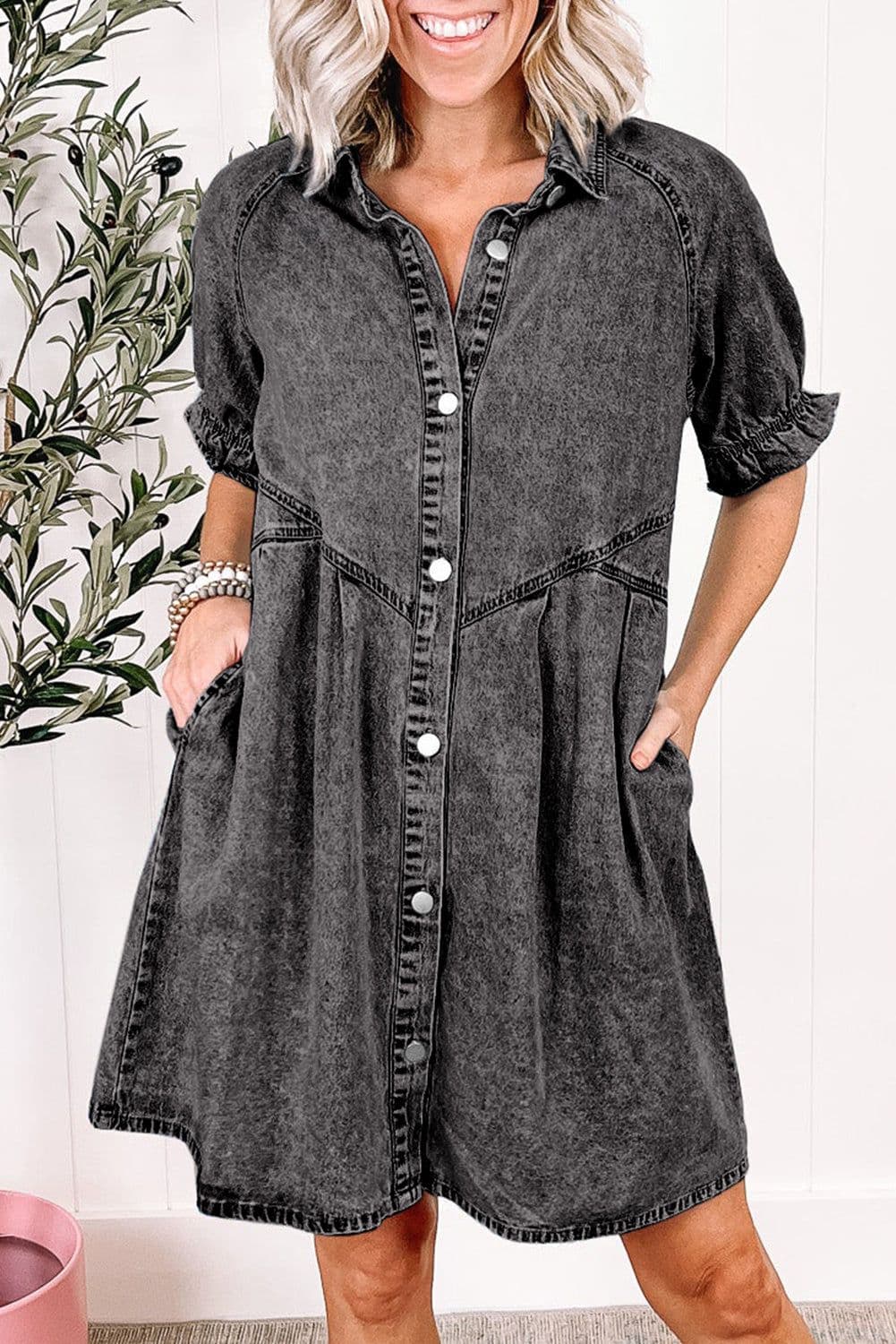 image-Beau Blue Mineral Wash Ruffled Denim Dress
