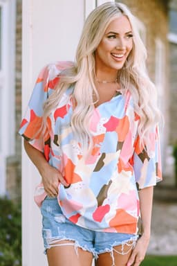 image-Multicolor Floral Print V Neck Half Sleeve Blouse