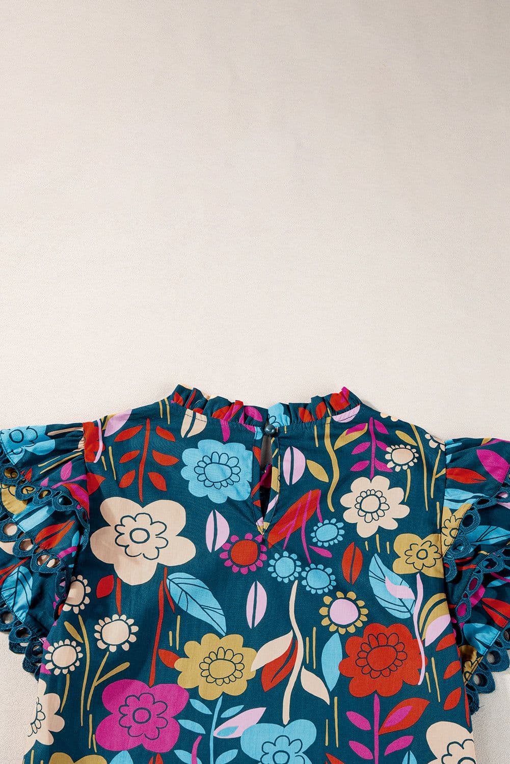 image-Floral Blouse - Green Trimmed Ruffle Sleeves Summer Top - Sizes Available