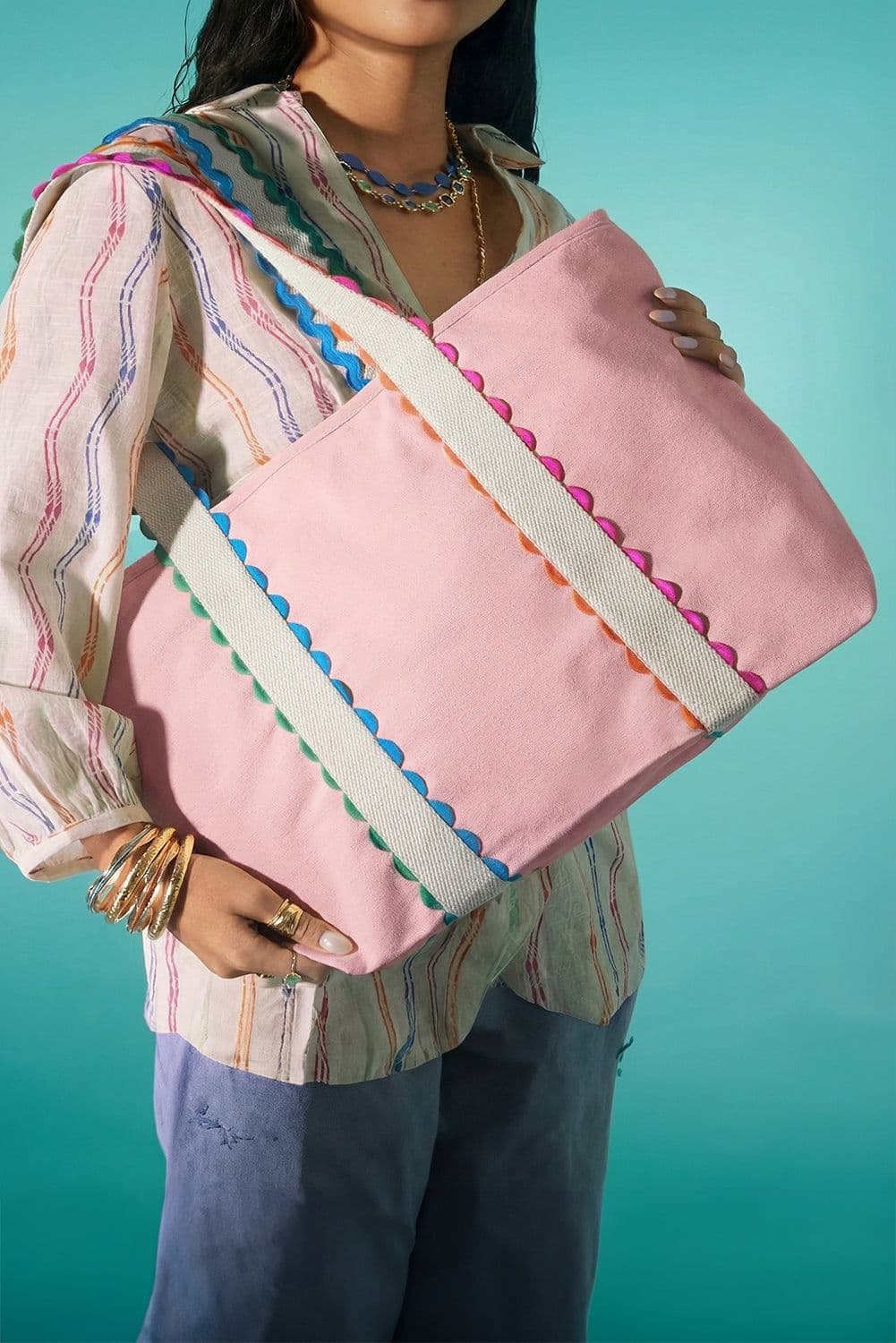 image-White Canvas Tote Bag - Colorful Ricrac Detail