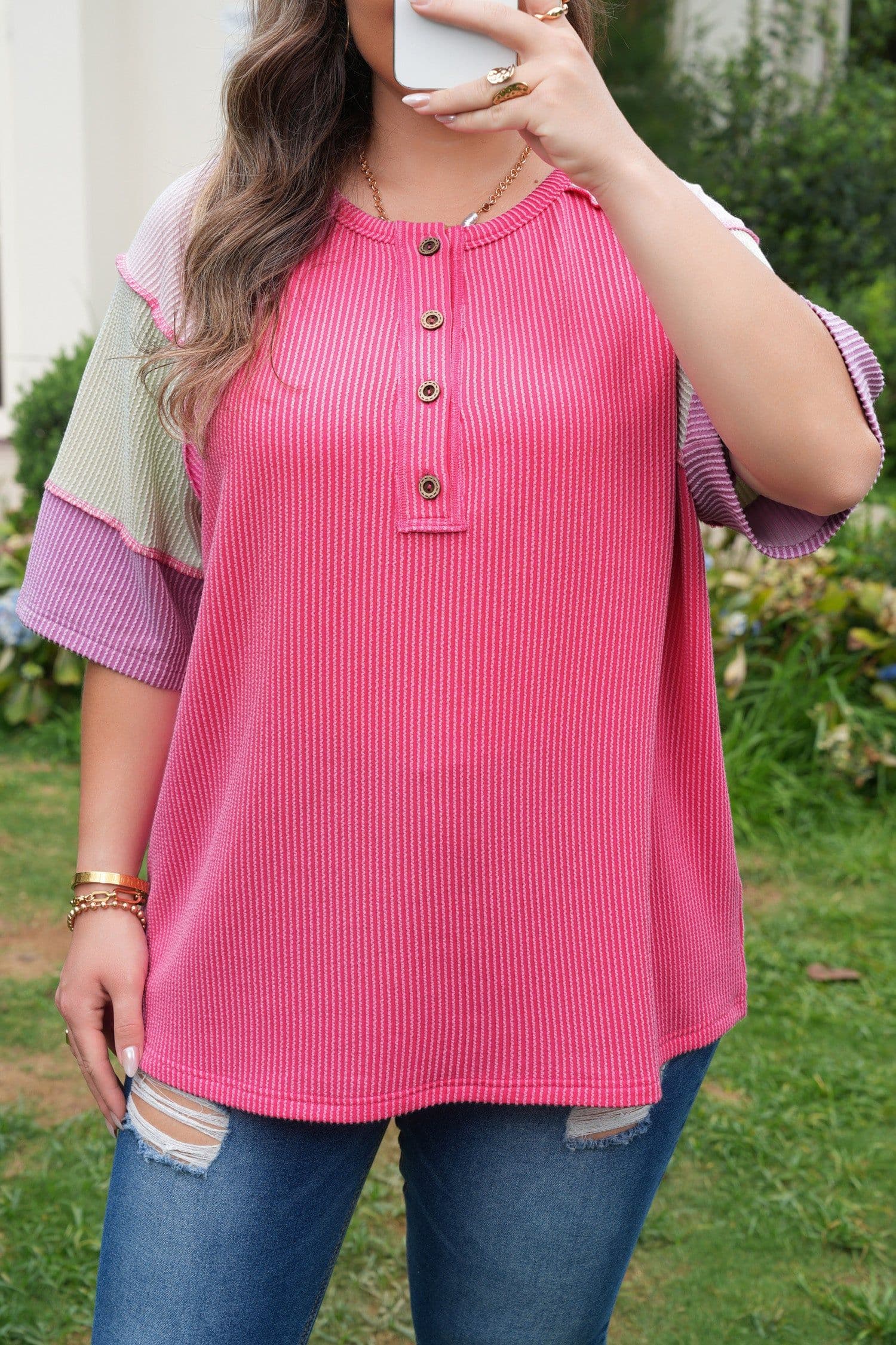 image-Plus Size Twisted Rib Color Block Henley Top - Bright Pink