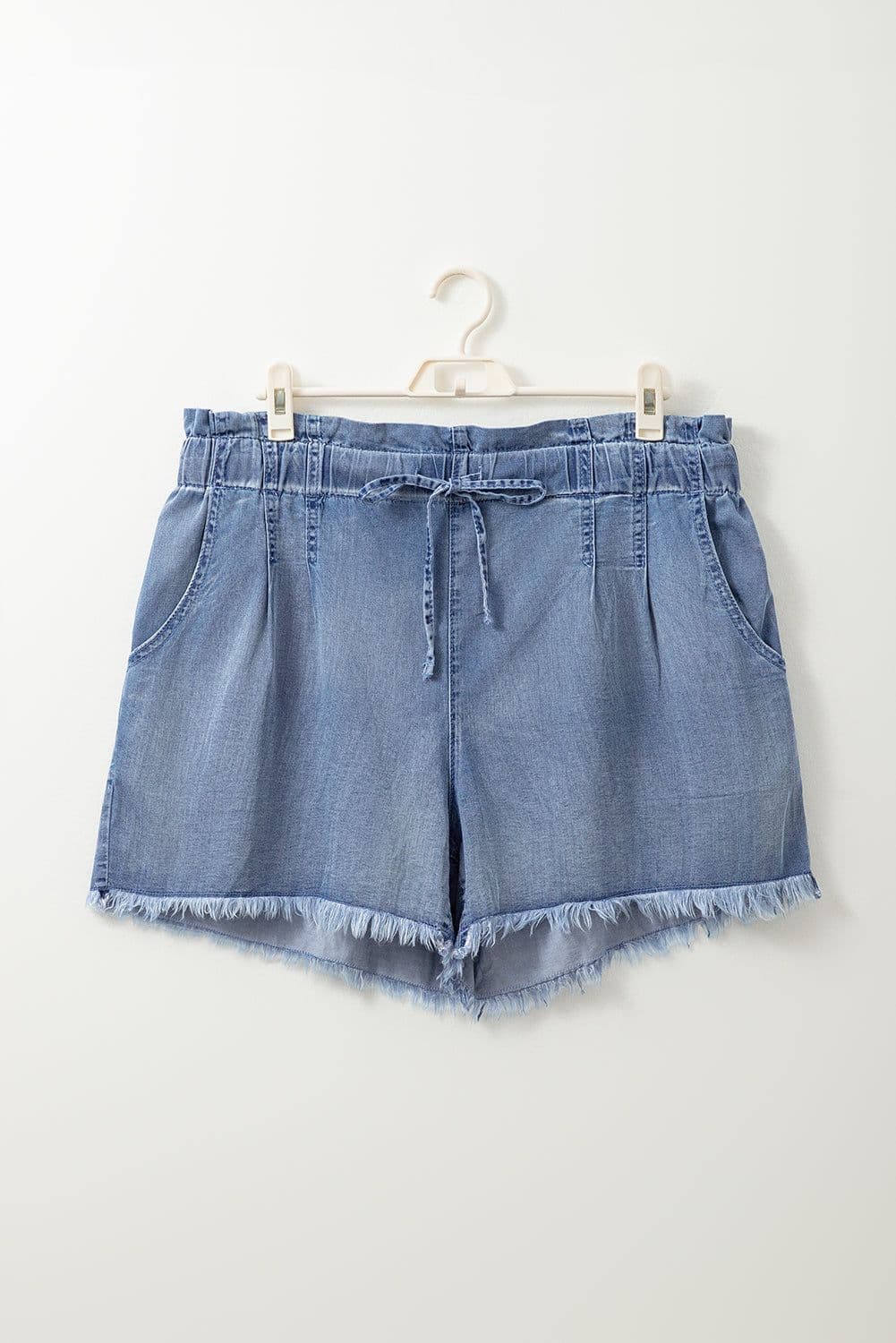 image-Dusk Blue Raw Hem Lace-up High Waist Plus Size Denim Shorts