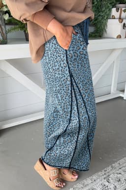 image-Blue Leopard Print Wide Leg Jeans with Exposed Seam, Drawstring