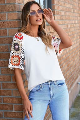 image-White Floral Crochet Top - Short Sleeve, Chic Round Neck, Relaxed Fit