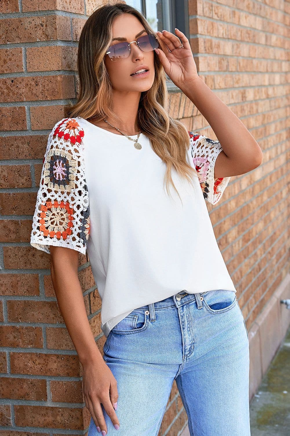 image-White Floral Crochet Top - Short Sleeve, Chic Round Neck, Relaxed Fit