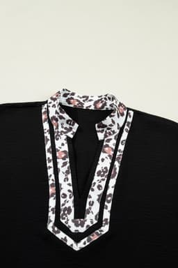 image-Black Dolman Half Sleeve Leopard Patchwork V Neck Blouse