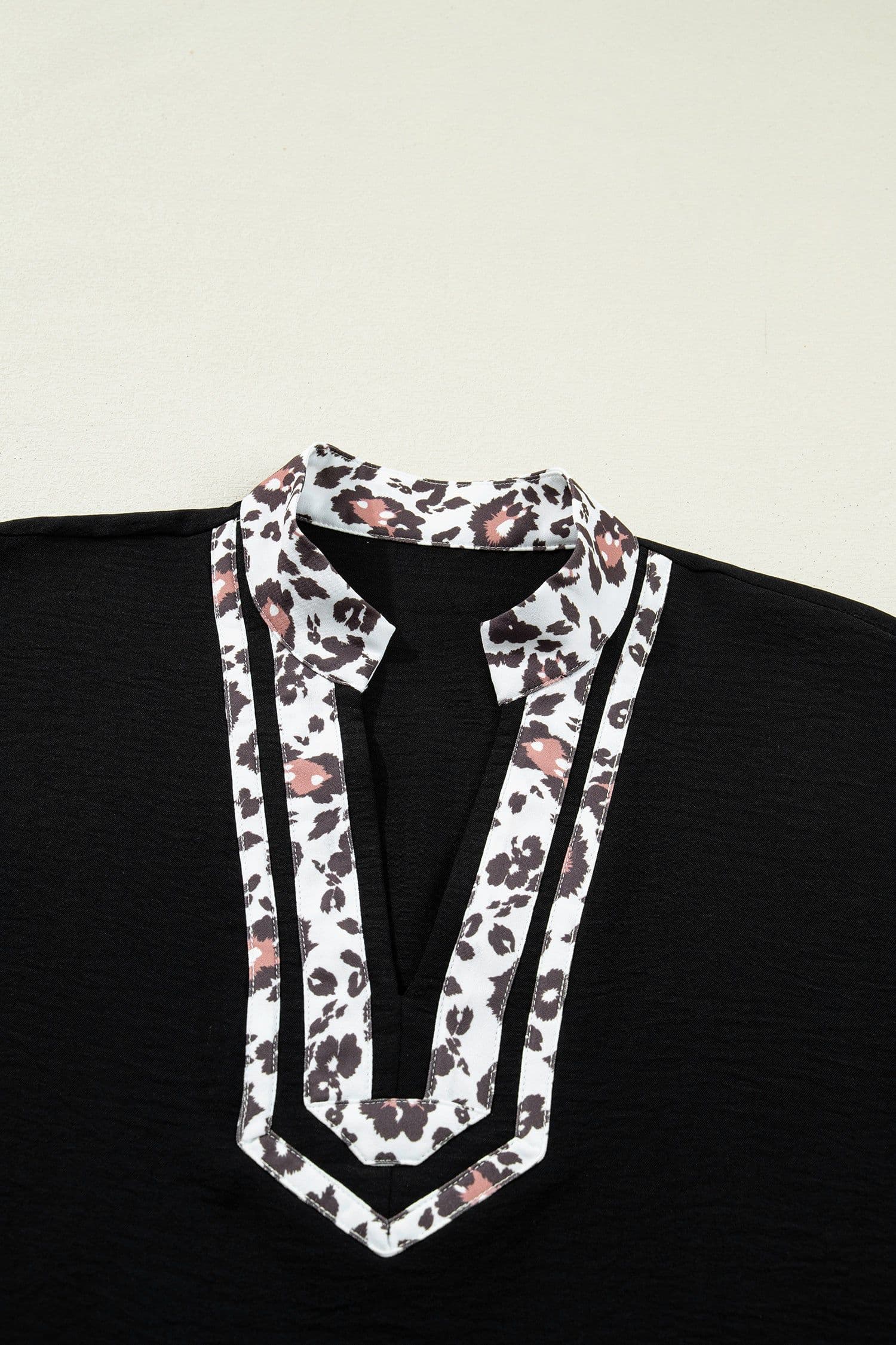 image-Black Dolman Half Sleeve Leopard Patchwork V Neck Blouse
