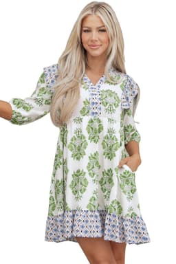 image-Green Floral Print Contrast Patchwork Ruffle Detail Mini Dress