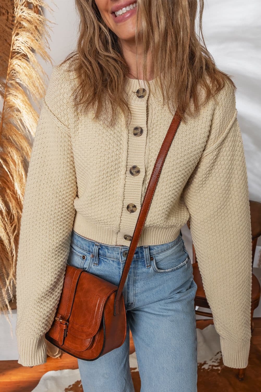 image-Beige Button Front Cropped Cardigan Sweater