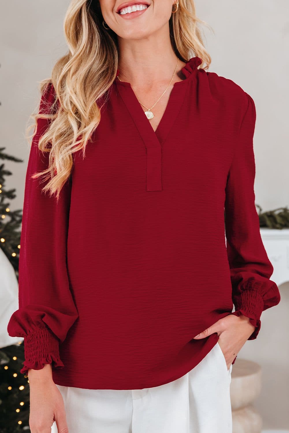 image-Burgundy Long Sleeve Blouse Shirred Cuff V-Neck