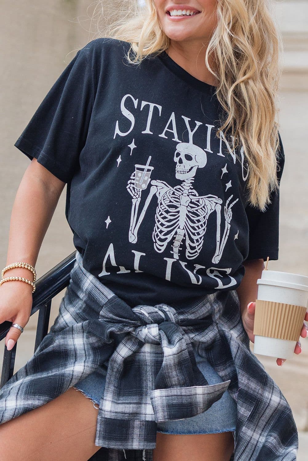 image-Funny Skeleton Print Round Neck T-Shirt - Black, Sizes S-2XL