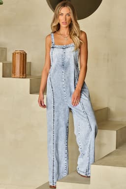 image-Beau Blue Light Wash Frayed Wide Leg Denim Overall