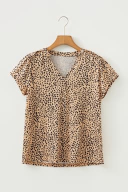 image-Apricot Cheeath Print Frilled V Neck Shirred Detail Short Sleeve Blouse