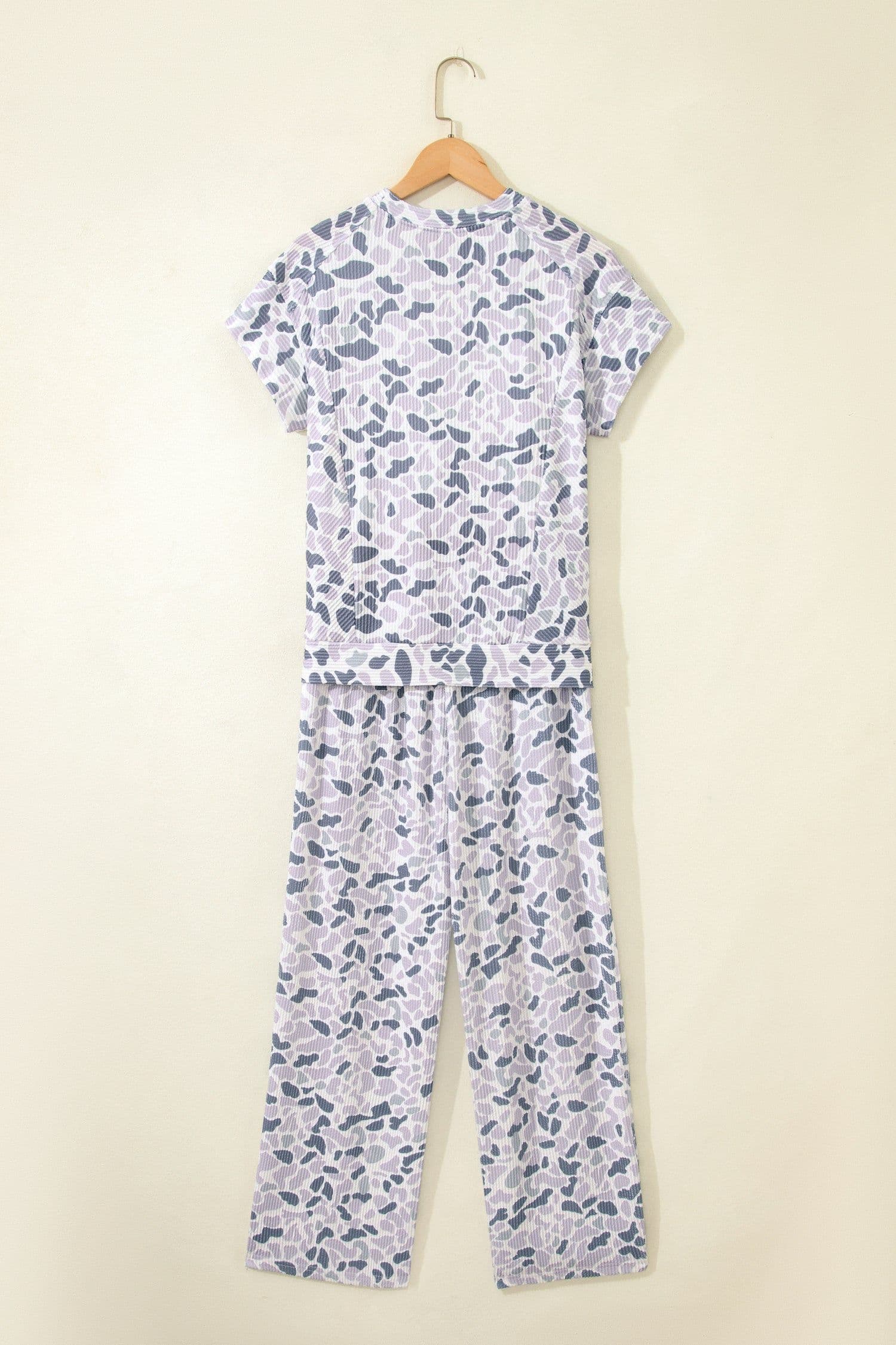 image-Beige Camouflage Print Twisted Rib Loose Tee Drawstring Pants Set