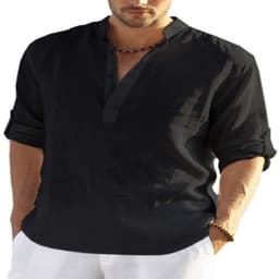 image-Men's Casual Cotton Linen Solid Color Long Sleeve Shirt Loose Stand Collar