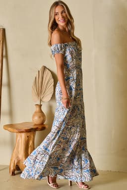 image-Blue Boho Paisley Print Off Shoulder Maxi Dress
