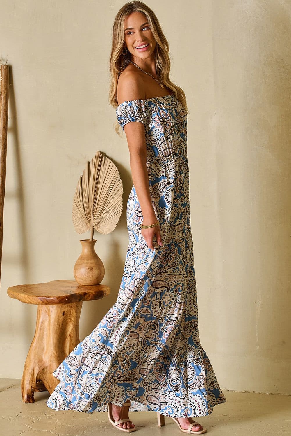 image-Blue Boho Paisley Print Off Shoulder Maxi Dress
