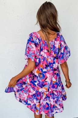 image-Purple Ruffled Short Sleeve Floral Print Dress - Sizes Available (59 characters)
