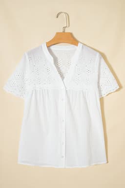 image-White Flower Eyelet Embroidered Patchwork Sheer Shirt