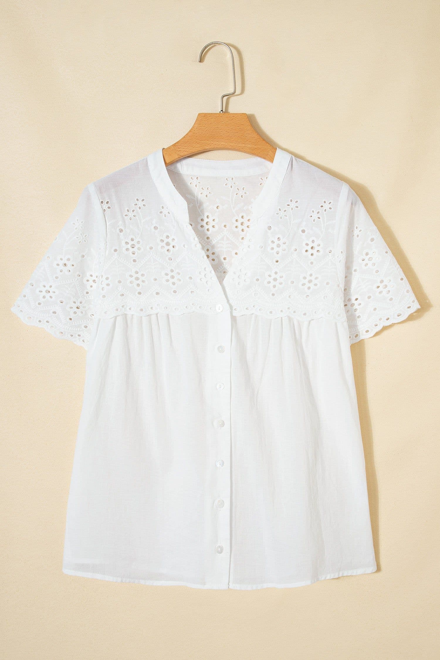 image-White Flower Eyelet Embroidered Patchwork Sheer Shirt