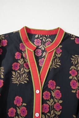 image-Black Retro Floral Print Button Down Belted Short Puff Sleeve Mini Dress