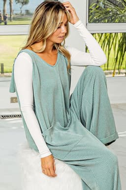 image-Moonlight Jade V Neck Wide Leg Jumpsuit - Corded Tie Straps