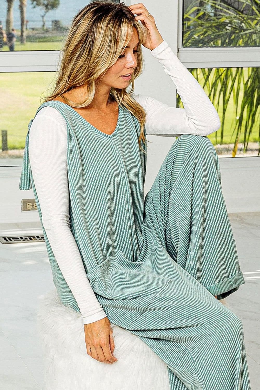 image-Moonlight Jade V Neck Wide Leg Jumpsuit - Corded Tie Straps