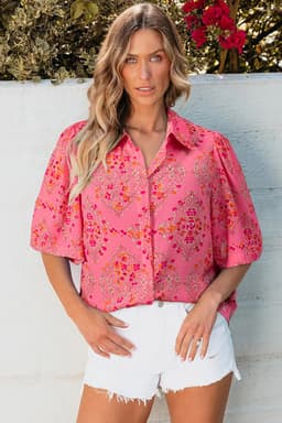 image-Rose Red Floral Print Shirt - Wide Short Sleeve Loose