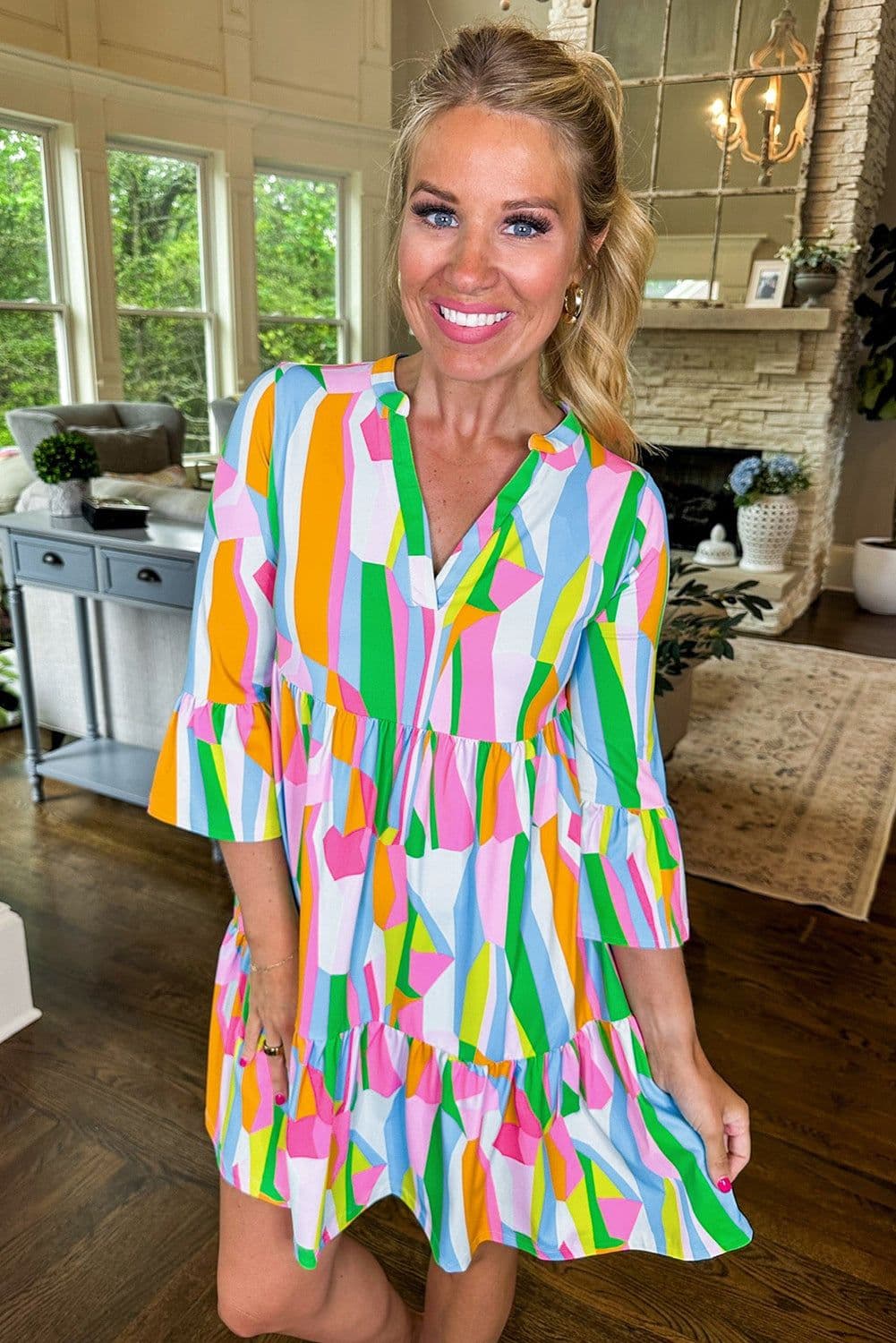 image-Green Abstract Print Ruffled Sleeve V Neck Dress
