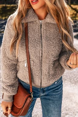 image-French Fuzzy Zipper Winter Jacket, Beige, Pocketed, Winter Wear (65 characters)