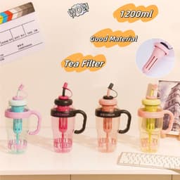 image-Plastic Water Bottle With Straw Cartoon Cup Drinking Cup Portable Water Bottle 1200ml Kitchen Gadgets