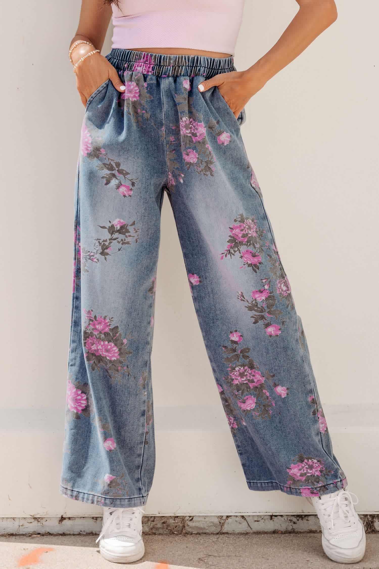 image-Blue Floral Print Elastic Waist Casual Jeans (50 characters)