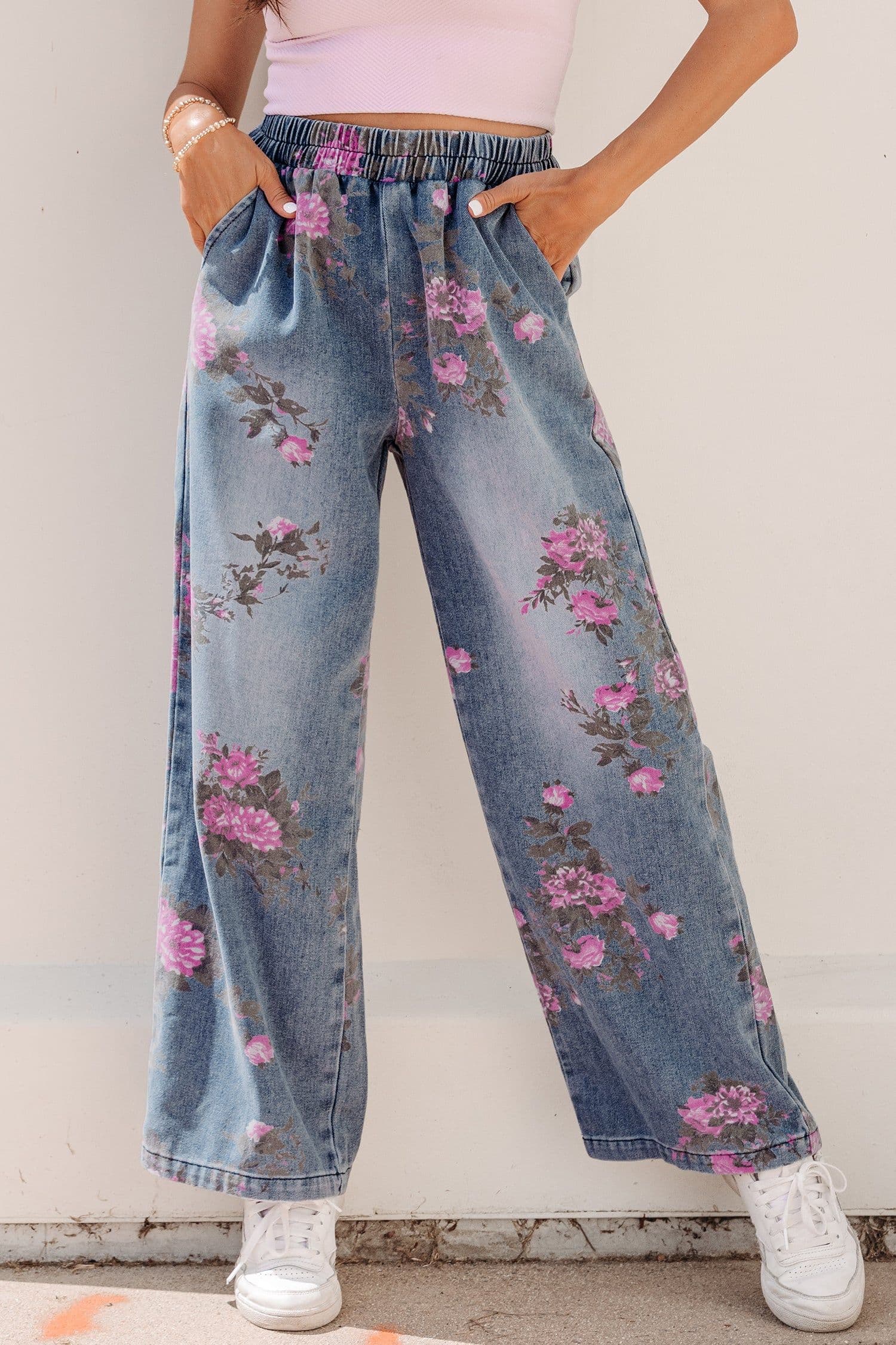 image-Blue Floral Print Elastic Waist Casual Jeans (50 characters)