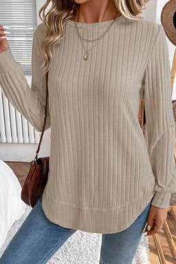 image-White Ribbed Knit Top - Long Sleeve Round Neck