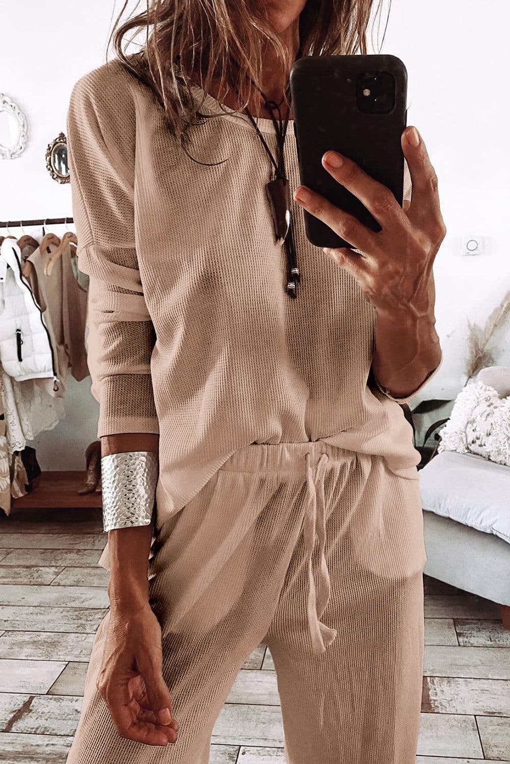 image-Parchment Textured Long Sleeve T-Shirt and Pants Lounge Set