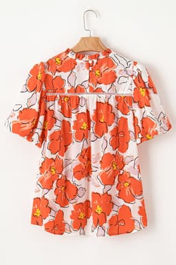 image-Orange Floral Bubble Sleeve Frill Neck Loose Blouse